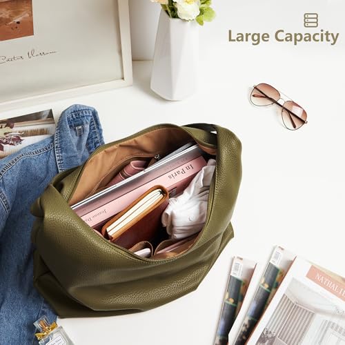 KALIDI Casual Tote Bag Vegan Leather Hobo Zipper Work Bag Weekender Shoulder for Women Shoulder Travel Purse (Army Green)