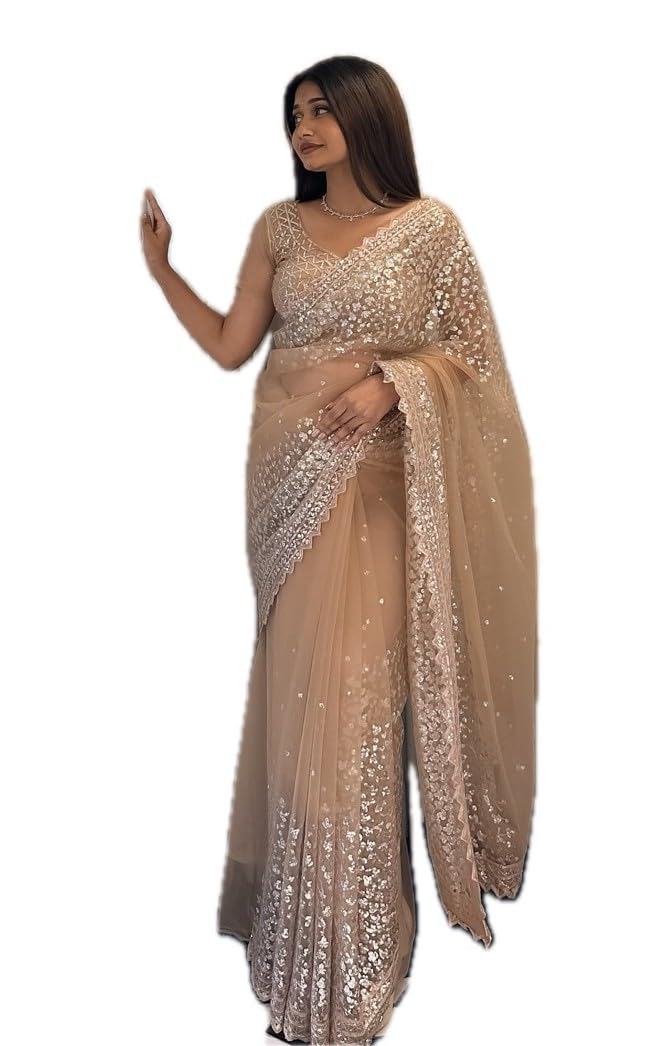 vinayak textile Women's Brown Net Sequence Worked Saree With Unstitched Blouse (Soneri A3)-picture-31
