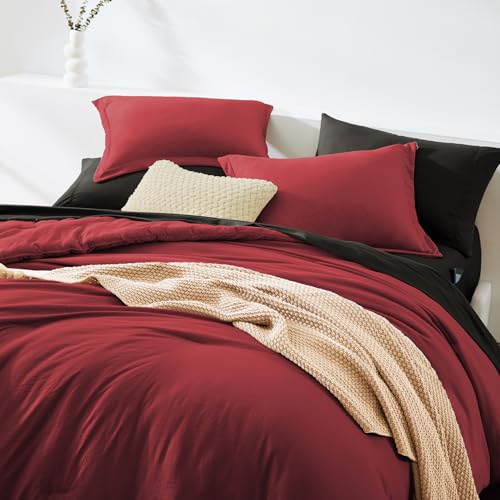 Image of Full Size Comforter Sets-7 Pieces Ultra Soft Bed in a Bag Full Bedding Sets | Prewashed All Season Comforter with Sheets, Pillow Shams & Pillowcases, Bright Red