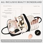 Sac de maquillage de voyage pour les femmes Mode Grande capacité Poche ouverte plat Cosmétique Portable Organisateur Imperméable Grande ouverture Sacs de toilette Vertical Free-Standing Brush Holder for Easy Access Black