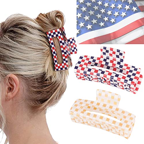 Checkered Claw Clip, Large Hair Claw Clips For Thick Hair, 2Pcs Big Hair Clips For Women, Rectangle Claw Clip, Y2K Fashion Accessories Gold Red White And Blue 4Th Of July Decorations #TOP6
