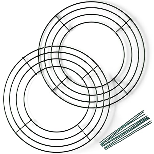 Upstout 2-Pack 10 Inch Wire Wreath Frame Round Metal Wreath Form with Ring Design for DIY Crafts Floral Projects and Home Decor Dark Green Wire Frame