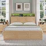 YANSNWO Queen Bed Frame with 48' Storage Headboard, Queen Size Wood Bed Frame with 4 Storage Drawers, Built-in Charging Station & LED, Solid Wood Slats, Noiseless, No Box Spring Needed, Natural Oak