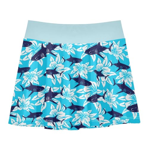 Girls Skorts High Waist Athletic Skirts with Shorts Hibiscus Shark Stretchy Teens Performance Tennis