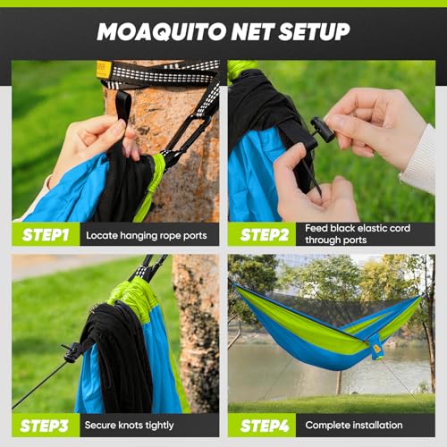 Image of Small Camping Hammock with Mosquito Net, 450 lbs Portable Hammock with Tree Straps, 2-in-1 Double /Single Travel Hammocks, Hammock for Outside /Indoor /Backpacking /Beach - Sky Blue & Green