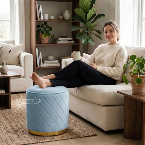 Image of Mythic Arts Ottoman Stool, Puffy Stool, Sitting Stool, Modern Upholstered Round Ottoman, Dressing Table for Living-Sky Blue