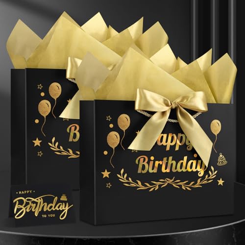 Image of JMANNI Black Gold Happy Birthday Gift Bag with Card and Tissue Paper, 12.6 inchx9.84 inchx3.9 inch Elegant Present Bag for Men Women, Year Old Birthday Keepsake Party Supplies