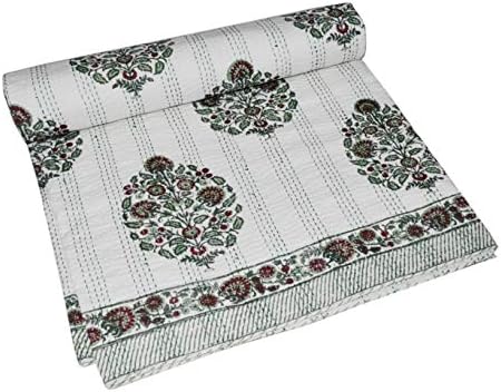 Yuvancrafts Hand Block Floral Print Kantha Quilt Handmade Pure Cotton Kantha Quilt Queen Blanket Bedspreads Throw