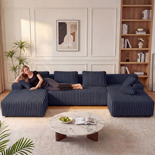 Image of LAUSAINT HOME 132 inch Modular Sectional Sofa Couches, U-Shaped Boneless Cloud Sofa with 4 Deep Seat, 6 Cushiones Oversized Chaise for Living Room, Bedroom, Plush Corduroy Fabric (U Shaped,Navy Blue)