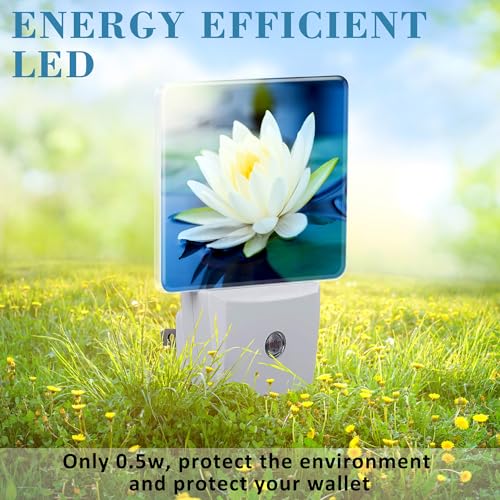 Image of Night Light Plug into Wall White Lotus Flowers Night Light with Dusk to Dawn Sensor for Kid Girls Boys Women Men Room Decor, Hallway, Kitchen, Bathroom, Nursery, Stairs