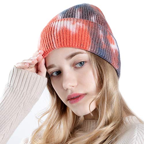 UIEGAR Tie Dye Beanie for Soft Women Winter Knitted Hat Skull Cap Orange and Gray