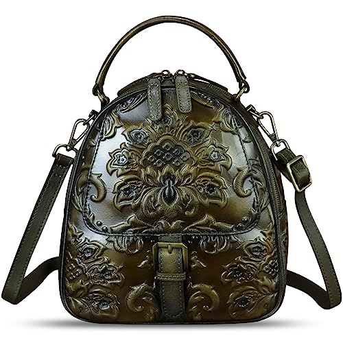 Image of Genuine Leather Satchel for Women Purse Embossed Crossbody Handbag Top Handle Bags Handmade Convertible Backpack Knapsack | Embossed