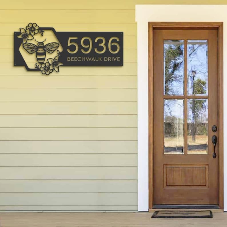 Personalized Bee Address Sign Floral Bee House Number Plaque 8x8 inch Bee Outdoor Sign Housewarming Gift for Bee Lover (Bee)
