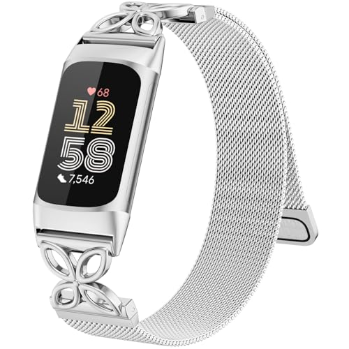 Oielai Metal Band Compatible with Fitbit Charge 6 Strap for Women Floral Magnetic Stainless Steel Mesh Loop Replacement Wristband for Fitbit Charge 5 Strap Silver