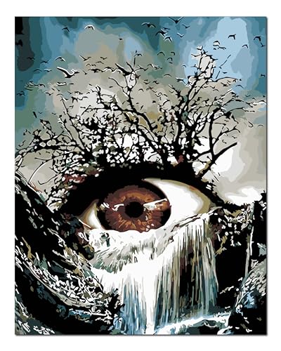 Peinture par numéros adultes cascade yeux d'arbre cadre bois débutants