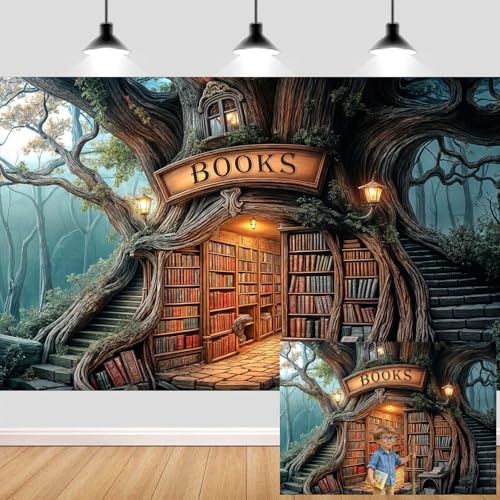 Fairy Forest Library Backdrop,Enchanted Woodland Bookshelf Banner,Fantasy Mysterious Tree Book Themed Party Decorations,for Kid Birthday Baby Shower Photo Studio Shoot Props,7x5FT