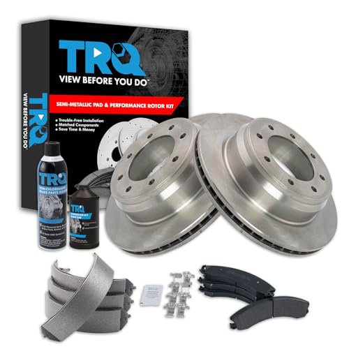 Image of TRQ Rear Brake Pad & Rotor Kit, with Chemical Kit Parking Brake Shoe Set Semi-Metallic Compatible with 2012-2019 Nissan NV1500 NV2500 NV3500