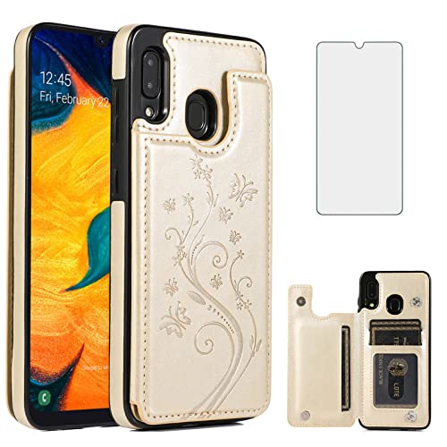 Phone Case for Samsung Galaxy A20 A30 with Tempered Glass Screen Protector Card Holder Wallet Cover Stand Flip Leather Cell Accessories Glaxay M10s A 20 30 Gaxaly 20A SM A205G Cases Women Golden