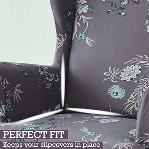 Image of HOKIPO 140 GSM Stretchable Wing Chair Cover, Bentonite Grey Budding Florals (NEW-AR-5135-D1)
