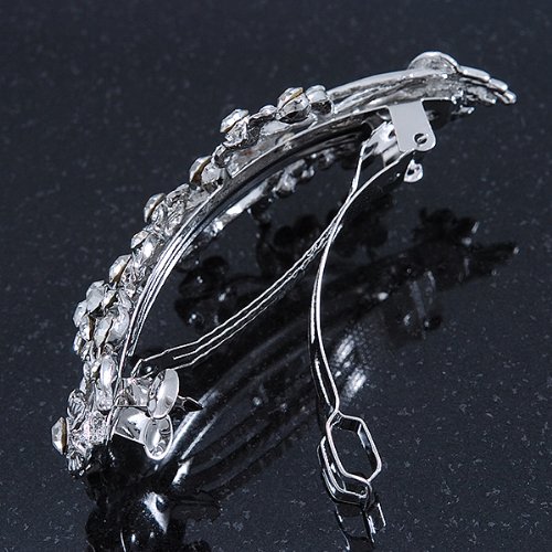 Bridal Wedding Prom Silver Tone Diamante 'Intertwined Flowers' Barrette Hair Clip Grip - 85mm Across, silver, white / ivory - Image 4