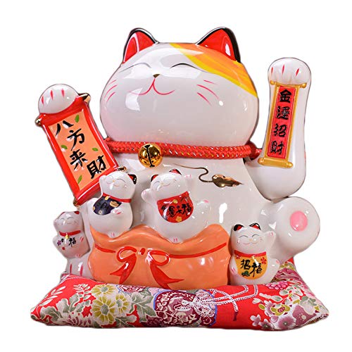 Ceramiczna statuetka szczęśliwego kota, Chiński Feng Shui Biały Szczęśliwy Machający Kot Figurka Z Ruchomą Ręką Maneki Neko Machający Kot Fortuny Dł. 21*Sz. 18*Wys. 24 cm, 3