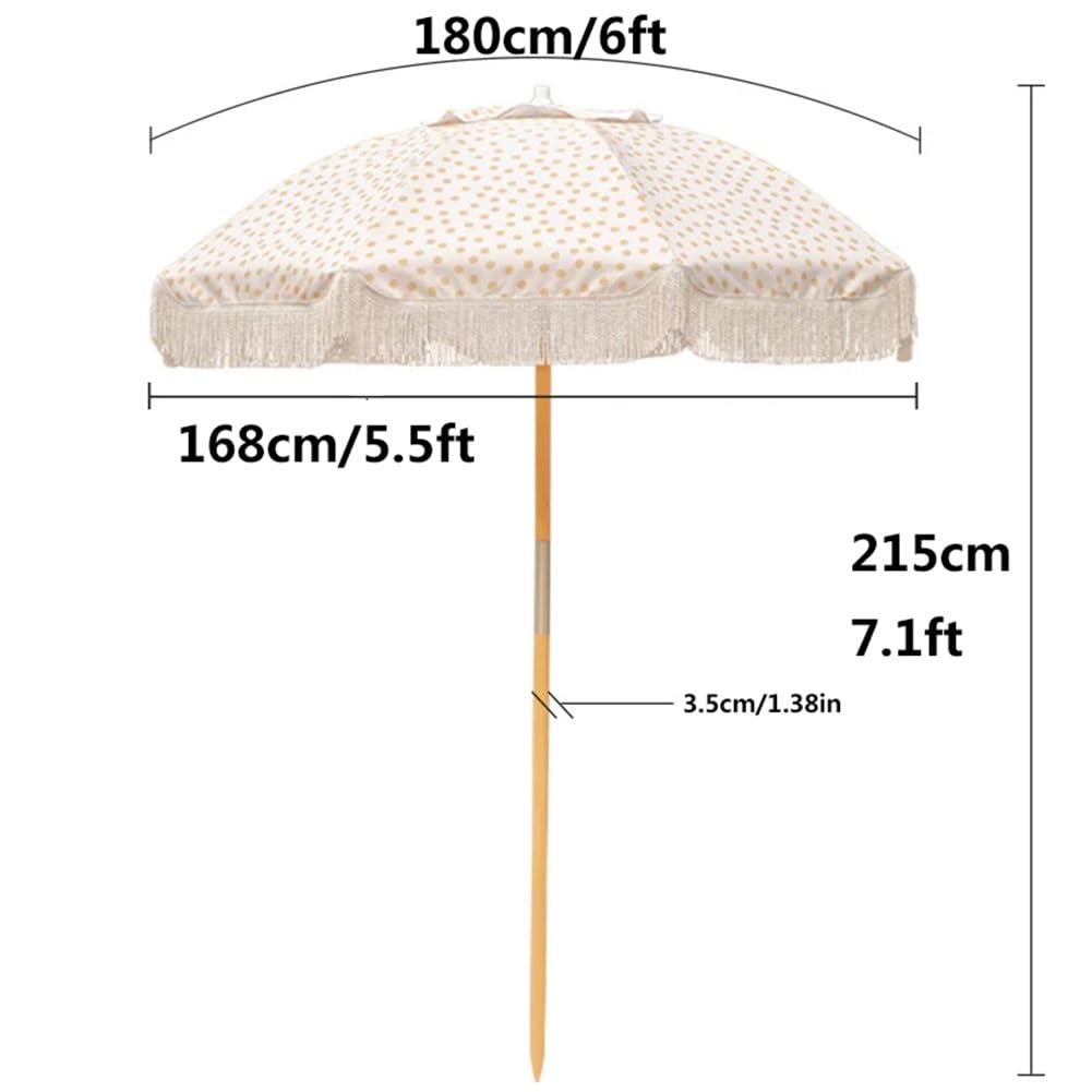 180 cm Parasol Przeciwsłoneczny z Frędzlami, Przenośny Parasol Ogrodowy w Boho z Odchylany i Drewnianym Drążkiem, Baldachim w Kropki