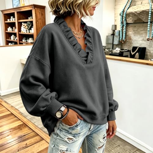 Elneeya V Neck Sweatshirt Women Oversized Ruffle Vintage Fall Sweatshirts - image 5
