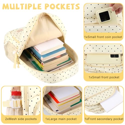 Image of PALAY School Bag for Girls Yellow Polka Dot Backpack with Crossbody Bag & Pencil Pouch Large Oxford Cloth Daypack Set Waterproof Multi-compartments Bookbag for Primary, Elementary, Middle School