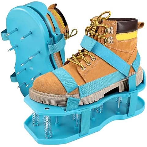 Lawn Aerator Shoes with Spring Base–Free-Installation,Lawn Aerator Tool with Automatic Leaf and Dirt Cleaning,Heavy-Duty Spike Shoes for Lawn Care,Adjustable Laces–Perfect for Lawn and Yard!（Blue） Cover
