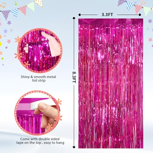 Image of 2Pack Hot Pink Metallic Tinsel Foil Fringe Curtains Backdrop for Pink Party Birthday Wedding Bachelorette Baby Shower Holiday Party Decorations Photo Booth Props, Bachelorette Christmas Party Decors