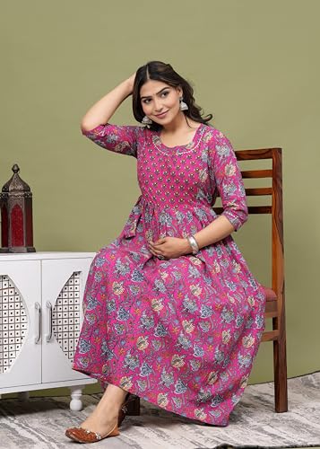Image of Women's Feeding Kurta Cotton | Floral Anarkali Pregnancy Kurta with Nursing Zipper | Pre & Post Partum | Maternity Dresses | Mom to Be Gift