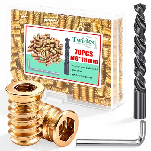 Twidec/70PCS M6 Threaded Inserts for Wood Furniture Screw-in Nut Wood Inserts Bolt Assortment Kit with M6 Hex Wrench and Drill Bit(M6X15mm)