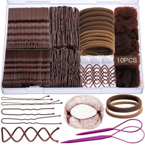 Teenitor Brown Bobby Pins Hair Pins Hair Net Kit 11 Styles Bobby Pins for Women U Shaped Hair Pins Hair Nets for Buns Spiral Pins Hair Ties Hair Styling Tools for Women Girls Dance Ballet Brown