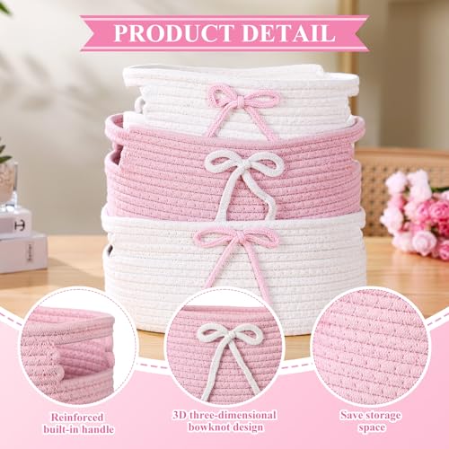 Image of Breling 3 Pieces Pink Bow Baskets Coquette Bow Cotton Rope Storage Basket Pink Woven Gift Baskets Laundry Hamper Rope Bin with Handles for Decoration Organization Storage for Nursery, Pet Toy Basket