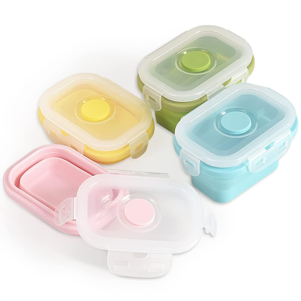 Khazna Food Storage Container, Collapsible Silicone Food Storage Container, Portion Control Container with Clip-on Lid, Airtight Snap-Top Lids, Space Saving, Microwave/Fridge/Dishwasher Safe (4PCS)