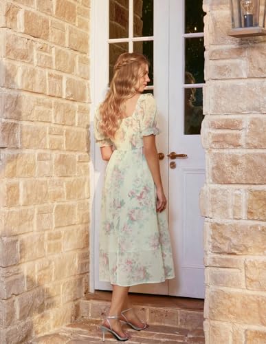 Image of Scarlet Darkness Floral Dress for Women Summer Puff Sleeve Square Neck A Line Flowy Wedding Guest Tea Party Dresses