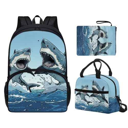 Shark Print School Backpack Set for Boys Age 6-10 Kids Backpack for Boy Adjustable Straps School Bag with Sturdy Zips Foldable Portable Lunch Box Book Cover
