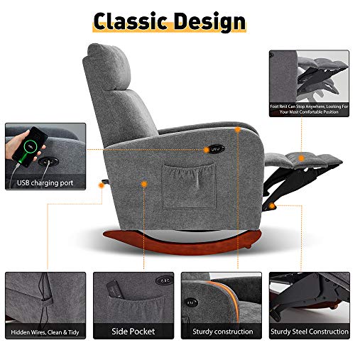 Avawing Electric Massage Rocking Chair, Recliner Chair With Heat Function Usb Ports, Rocker Recliner Fabric Padded Seat Wood Base, Modern High Back Armchair With Footrest Remote Control For Home,Grey #TOP2
