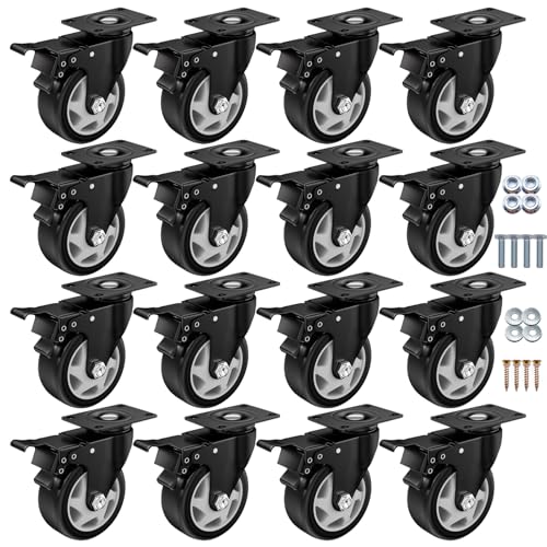 Image of 4 Inch Caster Wheels, Casters Set of 16, ASHGOOB Casters with Brake Heavy Duty, Industrial Locking Swivel Top Plate Castor Wheels for Workbench /Furniture /Cart. （AB Switch, Double Pedal Brake