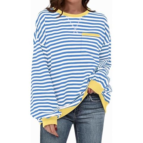TARSE Trendy Summer Sweatshirt for Women Lightweight Blue and White Striped Crewneck Cozy Cover