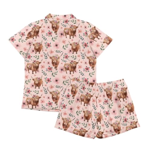 Image of Renewold Women's Short Sleeve Pajama Set Button Down Sleepwear with Notch Collar Soft Lounge Top and Shorts with Pockets