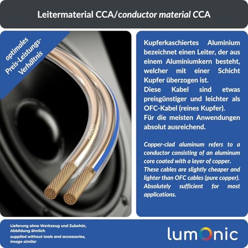 Cables de altavoz de 50m Lumonic transparente 2x4mm² CCA biconductor de audio 3