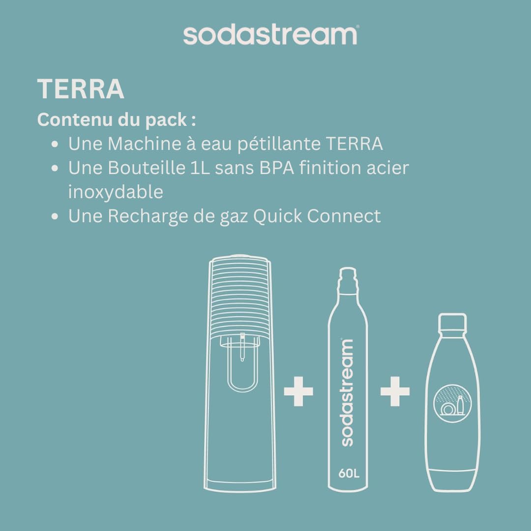 Sodastream Terra Machine à Eau Pétillante et Soda | Pack 1 Bouteille 1L Finition Acier Inoxydable Compatible Lave-Vaisselle + 1 Recharge de Gaz 60L à Clipser | Noire