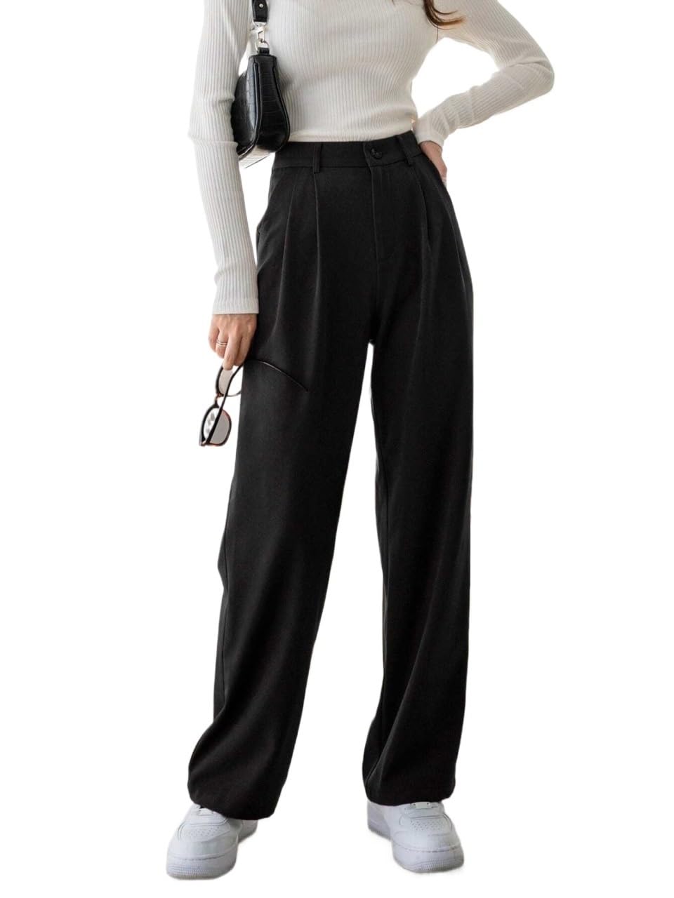 EFJONE Trousers Pants for Women Fall Trendy Zipper Solid High Waist Straight Leg Regular Fit Pants Fashion Suit