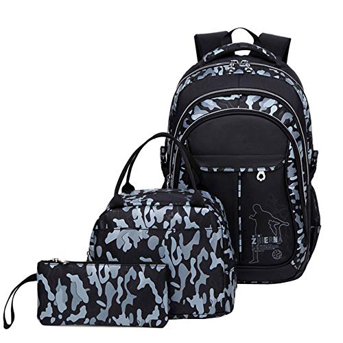 Bansusu Mochila de escuela primaria con estampado de camuflaje y bolsa de almuerzo para adolescentes y niños, gris, M, Viajar Cover