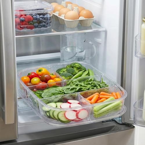 Image of VOLCANO Fridge Storage Containers, Fridge Organizer with Removable Drain Plate & Secure-Sealing Lids, Fridge Storage Boxes Keep Fruits, Vegetables Fresher, Container Box (5 grid Fridge Storage Box)