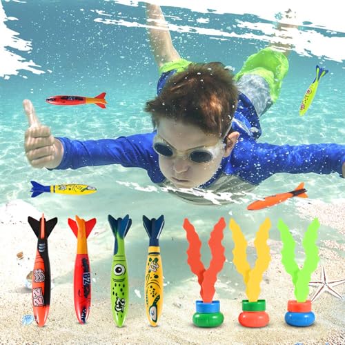 Faburo 12 Stück Tauchspielzeug Set, Tauchringe für Kinder ab 5-12 Jahren, Wasserspielzeug mit Torpedos Tauchringe Algenspielzeug für Sommer Unterwasserspiel Poolpartys