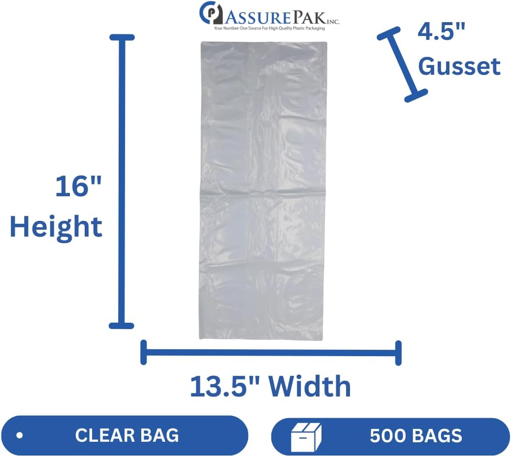 ASSUREPAK Clear (Natural Color) LDPE Poly (No Venting Holes) - 13.5"x4.5"x16" - 500 Bags - 1.5 mil - Clear - LDPOLY1341615M - AssurePak