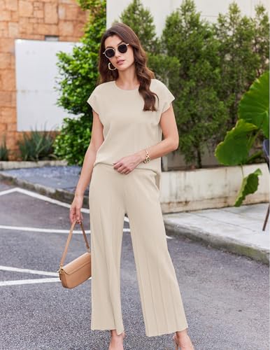 Image of Ekouaer Lounge Sets for Women Two Piece Outfits Knit Cap Sleeve Tops Wide Leg Pleated Pants Casual Dressy Sweater Sets