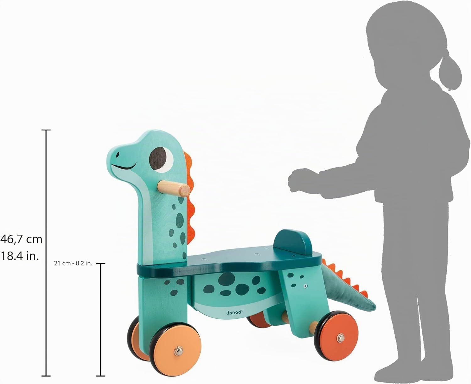 Janod - Cavalcabile Dinosauro Portosauro - Altezza Sedile 21 cm - Coda Peluche Removibile - Giocattolo Multisensoriale Legno FSC - dai 12 Mesi, J05828